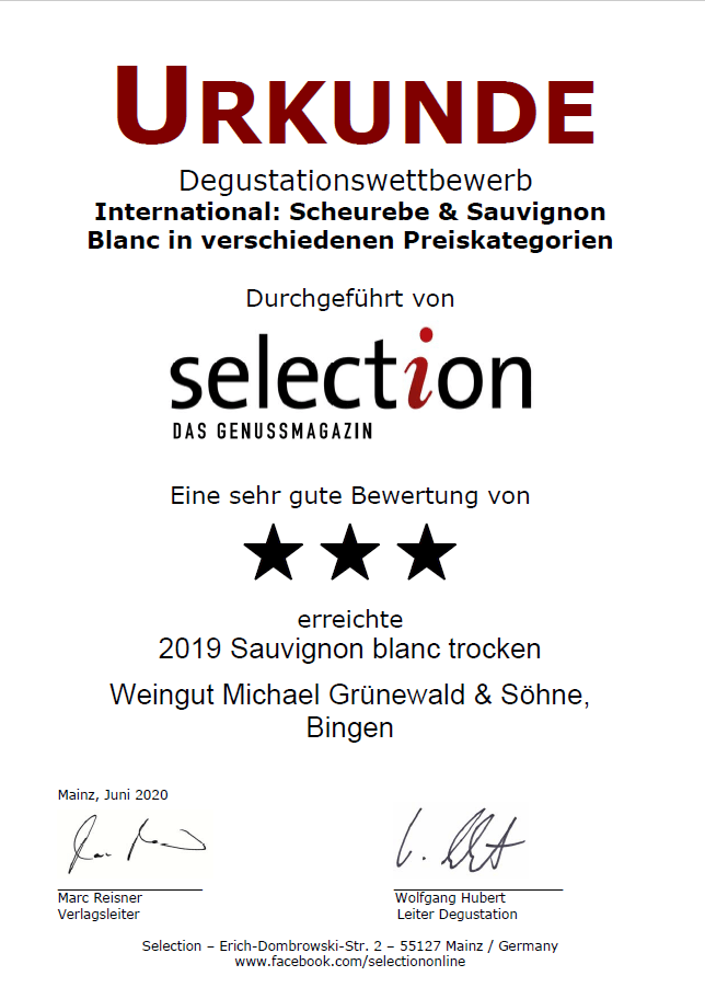 Urkunde Sauvignon blanc beim Urkunde Scheurebe beim Degustationswettbewerb